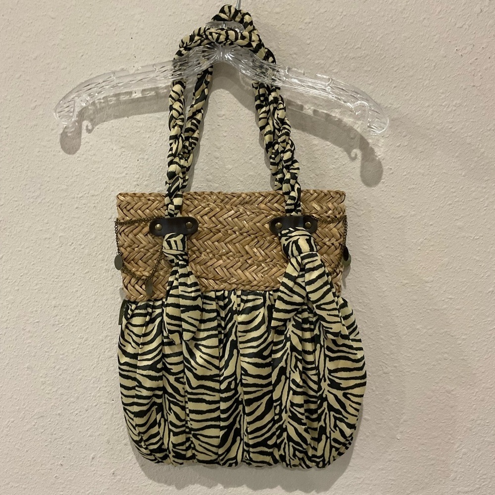 Vintage Sun n’ Sand Animal Print Shoulder Bag Magnetic Straw & Silky Fabric - Picture 2 of 12